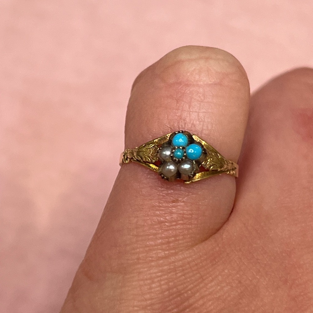 14K Gold Georgian/ Victorian Seed Pearl & Persian Turquoise Flower Cluster Ring